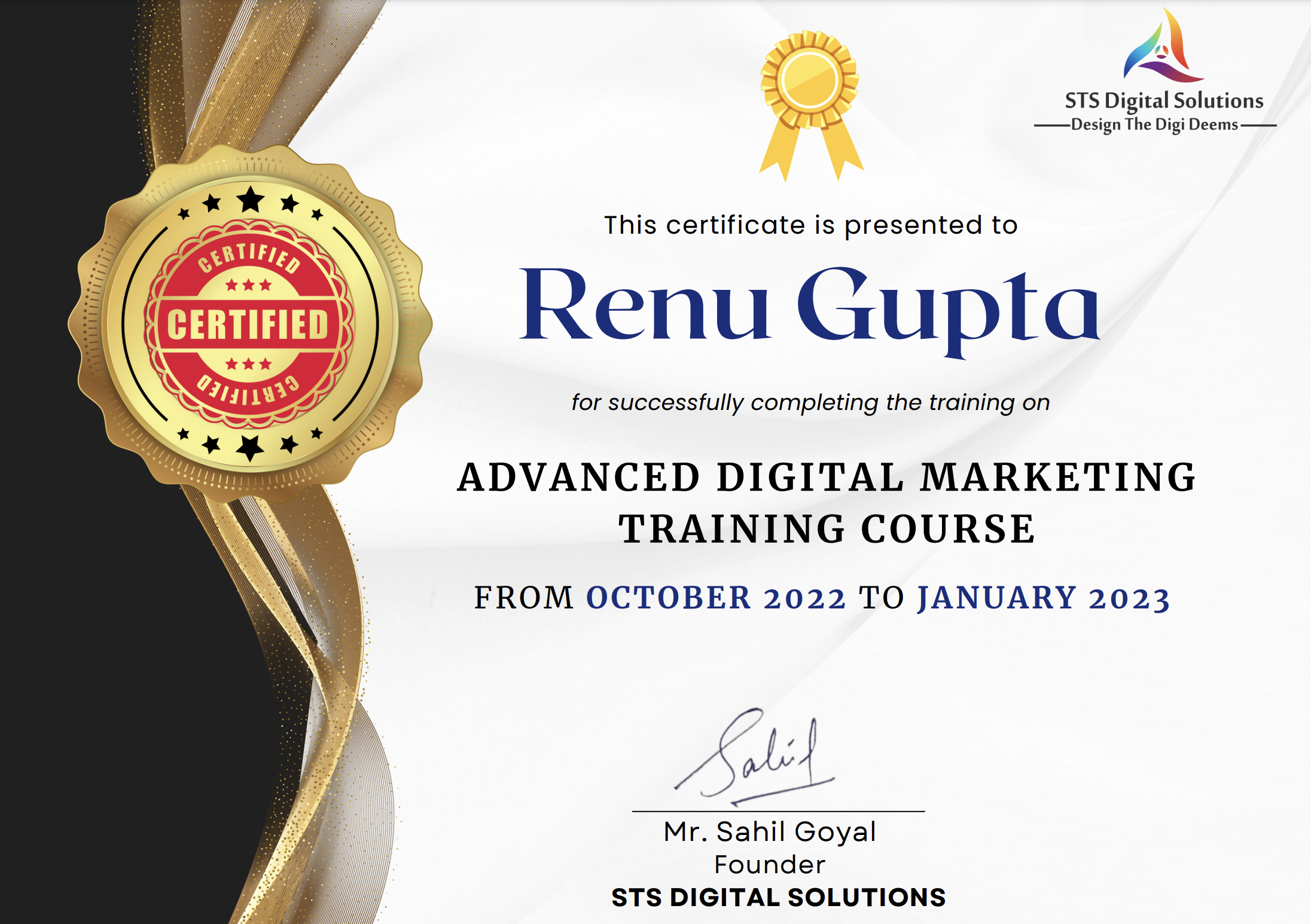 Digital Marketing Course Certificate from STS Digital Solutions